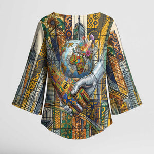 Léopold Sédar Senghor Kimono Sleeve Blouse President Poete Portrait Futuristic African Robotic Handshake Earth and Flowers Unity - African Pride