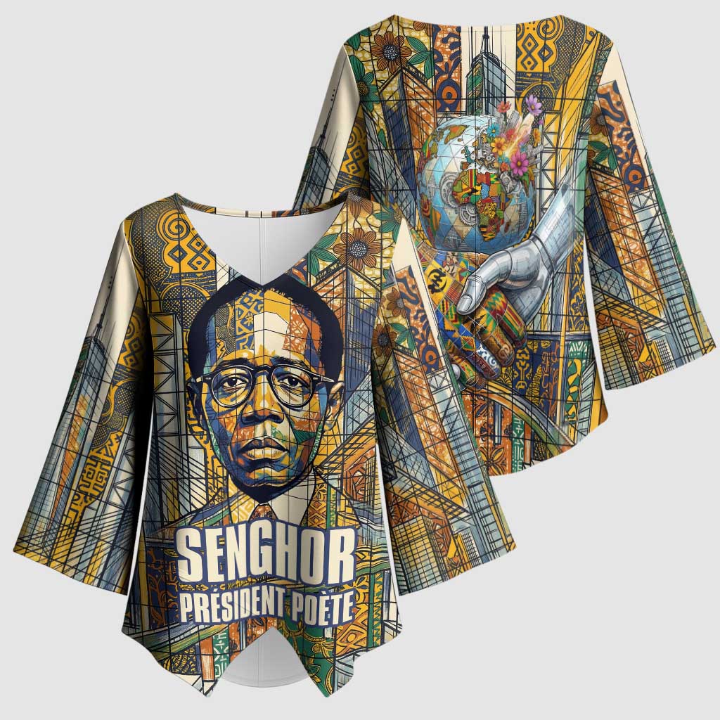 Léopold Sédar Senghor Kimono Sleeve Blouse President Poete Portrait Futuristic African Robotic Handshake Earth and Flowers Unity - African Pride