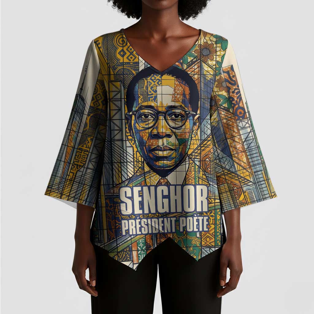 Léopold Sédar Senghor Kimono Sleeve Blouse President Poete Portrait Futuristic African Robotic Handshake Earth and Flowers Unity - African Pride