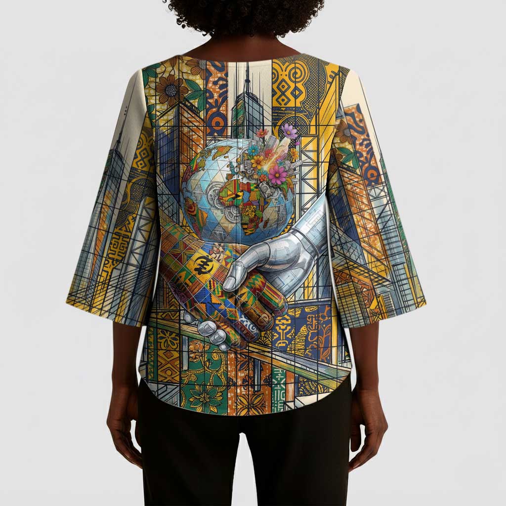 Léopold Sédar Senghor Kimono Sleeve Blouse President Poete Portrait Futuristic African Robotic Handshake Earth and Flowers Unity - African Pride