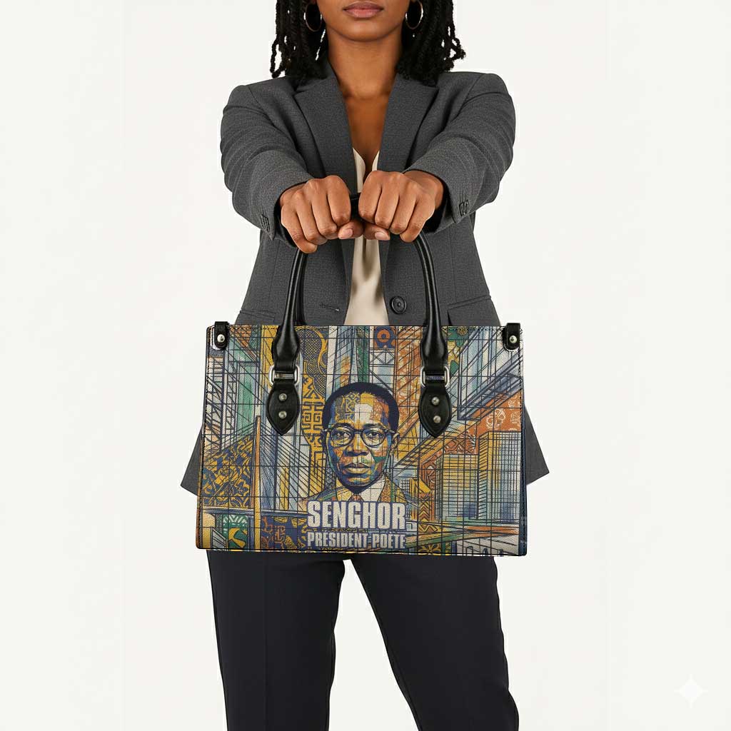 Léopold Sédar Senghor Leather Bag President Poete Portrait Futuristic African Robotic Handshake Earth and Flowers Unity - African Pride