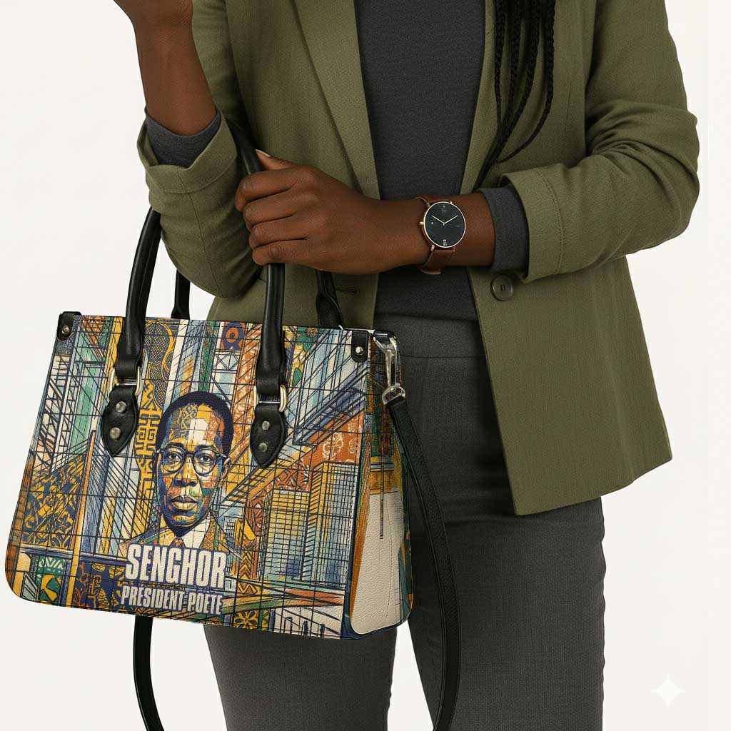 Léopold Sédar Senghor Leather Bag President Poete Portrait Futuristic African Robotic Handshake Earth and Flowers Unity - African Pride