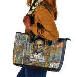 Léopold Sédar Senghor Leather Tote Bag President Poete Portrait Futuristic African Robotic Handshake Earth and Flowers Unity - African Pride