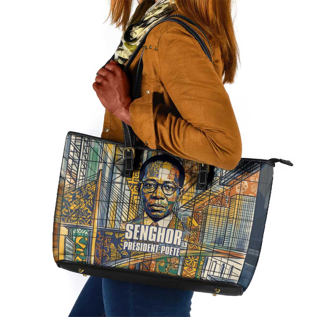 Léopold Sédar Senghor Leather Tote Bag President Poete Portrait Futuristic African Robotic Handshake Earth and Flowers Unity - African Pride