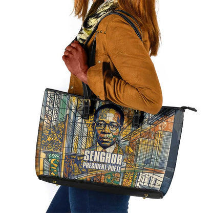 Léopold Sédar Senghor Leather Tote Bag President Poete Portrait Futuristic African Robotic Handshake Earth and Flowers Unity - African Pride