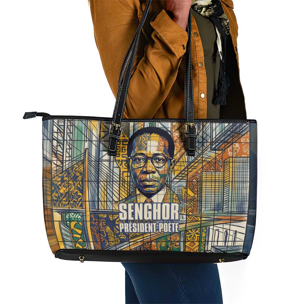 Léopold Sédar Senghor Leather Tote Bag President Poete Portrait Futuristic African Robotic Handshake Earth and Flowers Unity - African Pride