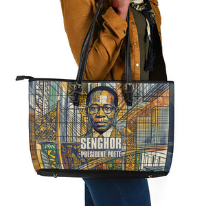 Léopold Sédar Senghor Leather Tote Bag President Poete Portrait Futuristic African Robotic Handshake Earth and Flowers Unity - African Pride