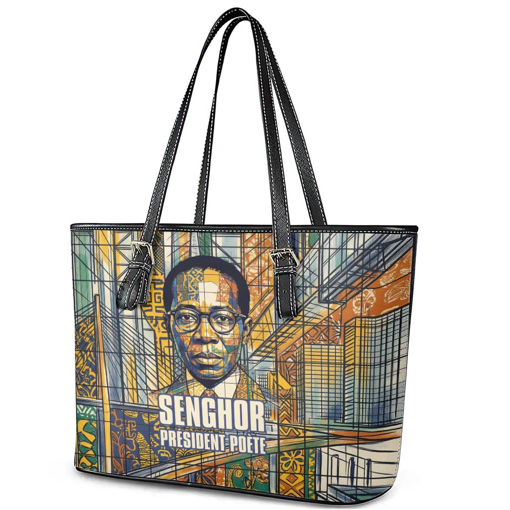 Léopold Sédar Senghor Leather Tote Bag President Poete Portrait Futuristic African Robotic Handshake Earth and Flowers Unity - African Pride