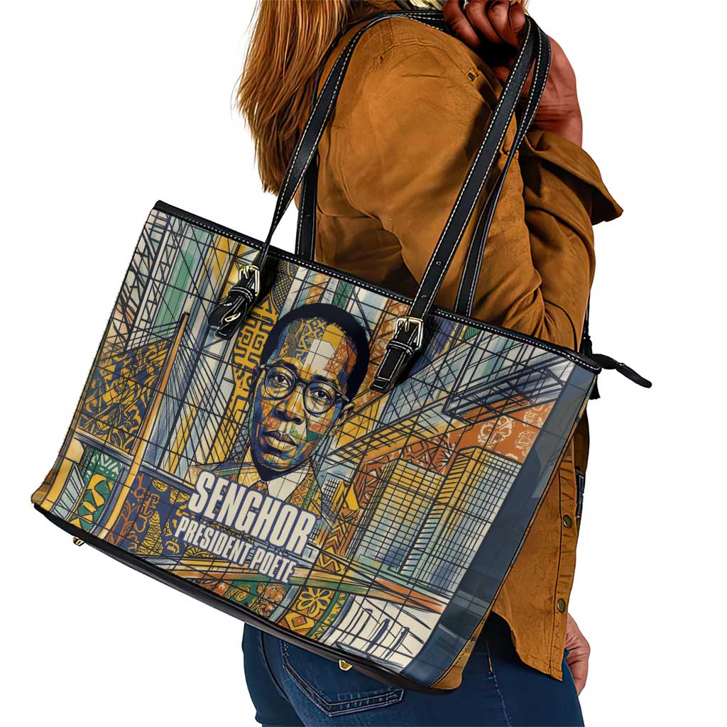 Léopold Sédar Senghor Leather Tote Bag President Poete Portrait Futuristic African Robotic Handshake Earth and Flowers Unity - African Pride