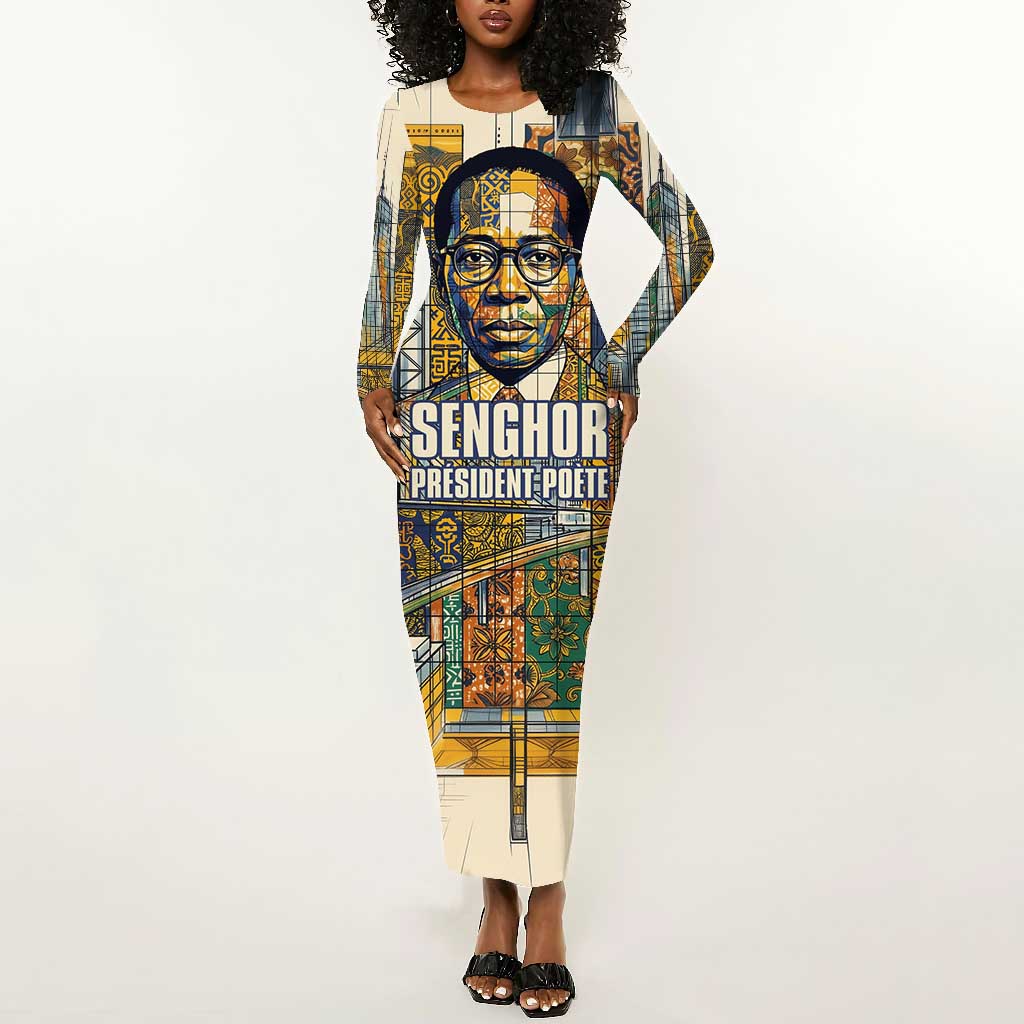 Léopold Sédar Senghor Long Sleeve Bodycon Dress President Poete Portrait Futuristic African Robotic Handshake Earth and Flowers Unity - African Pride