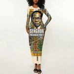 Léopold Sédar Senghor Long Sleeve Bodycon Dress President Poete Portrait Futuristic African Robotic Handshake Earth and Flowers Unity - African Pride