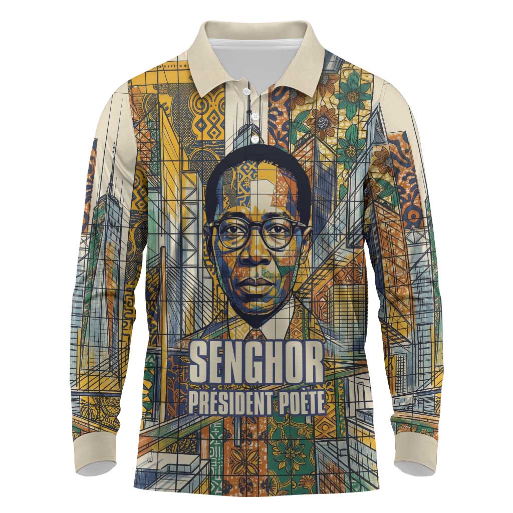 Léopold Sédar Senghor Long Sleeve Polo Shirt President Poete Portrait Futuristic African Robotic Handshake Earth and Flowers Unity - African Pride