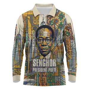 Léopold Sédar Senghor Long Sleeve Polo Shirt President Poete Portrait Futuristic African Robotic Handshake Earth and Flowers Unity - African Pride