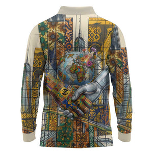Léopold Sédar Senghor Long Sleeve Polo Shirt President Poete Portrait Futuristic African Robotic Handshake Earth and Flowers Unity - African Pride