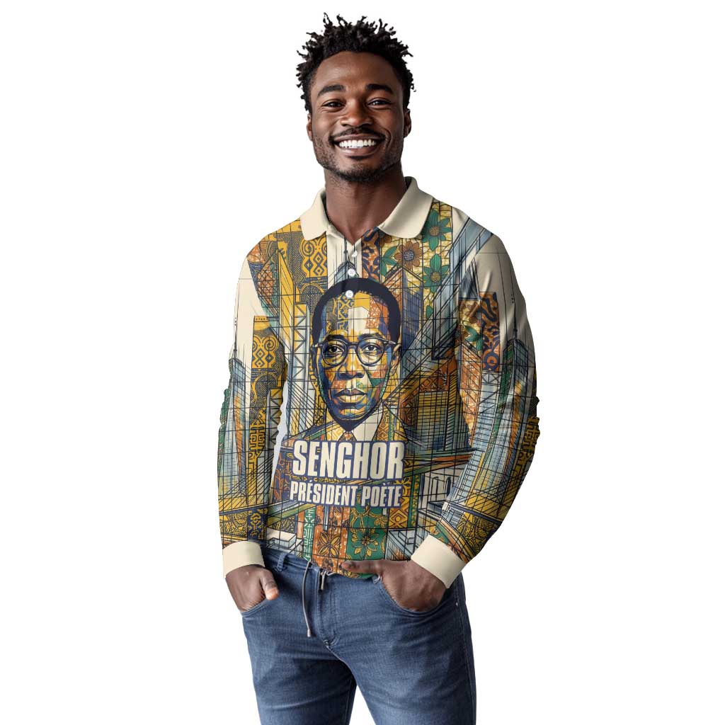 Léopold Sédar Senghor Long Sleeve Polo Shirt President Poete Portrait Futuristic African Robotic Handshake Earth and Flowers Unity - African Pride