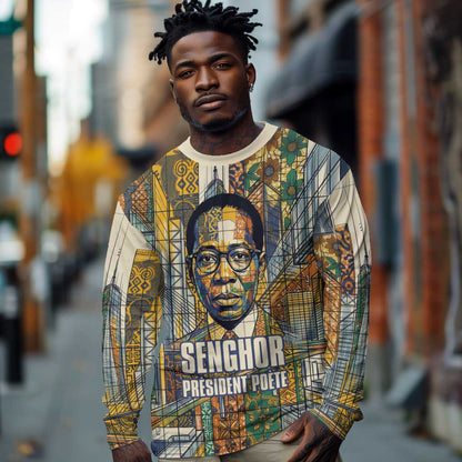 Léopold Sédar Senghor Long Sleeve Shirt President Poete Portrait Futuristic African Robotic Handshake Earth and Flowers Unity - African Pride