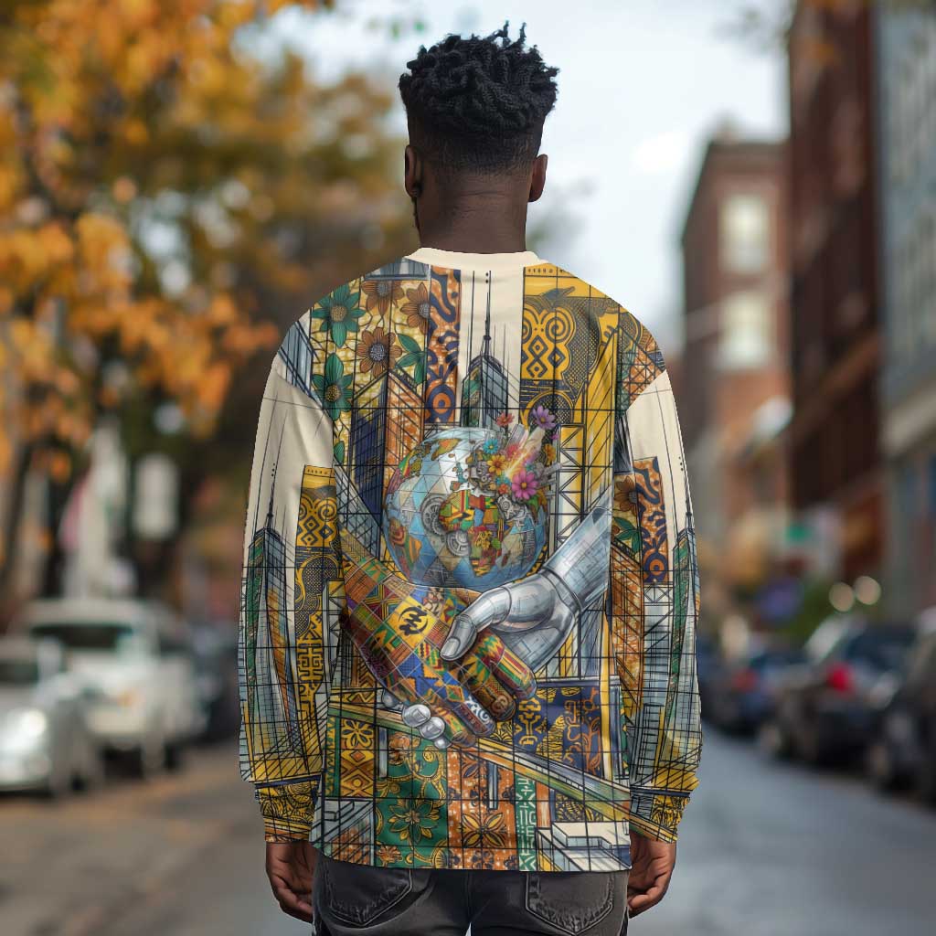 Léopold Sédar Senghor Long Sleeve Shirt President Poete Portrait Futuristic African Robotic Handshake Earth and Flowers Unity - African Pride