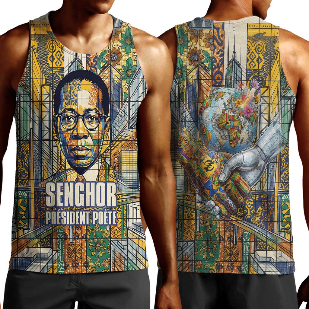 Léopold Sédar Senghor Men Tank Top President Poete Portrait Futuristic African Robotic Handshake Earth and Flowers Unity - African Pride