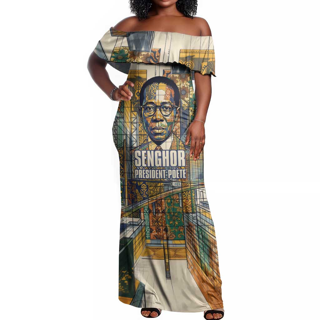 Léopold Sédar Senghor Off Shoulder Maxi Dress President Poete Portrait Futuristic African Robotic Handshake Earth and Flowers Unity - African Pride