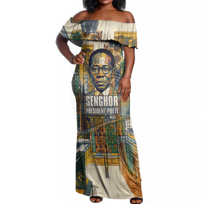 Léopold Sédar Senghor Off Shoulder Maxi Dress President Poete Portrait Futuristic African Robotic Handshake Earth and Flowers Unity - African Pride