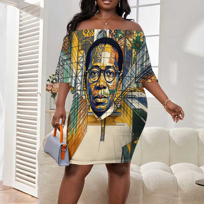 Léopold Sédar Senghor Off Shoulder Short Dress President Poete Portrait Futuristic African Robotic Handshake Earth and Flowers Unity - African Pride