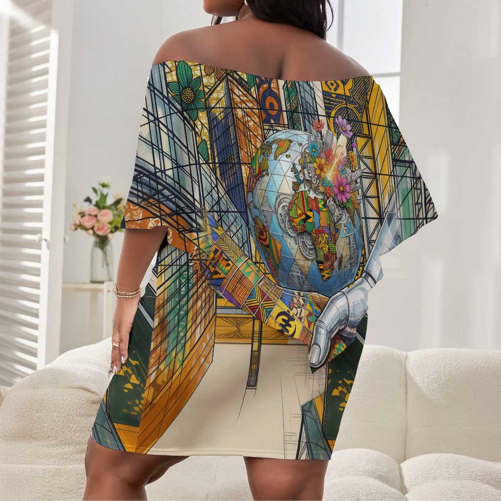 Léopold Sédar Senghor Off Shoulder Short Dress President Poete Portrait Futuristic African Robotic Handshake Earth and Flowers Unity - African Pride