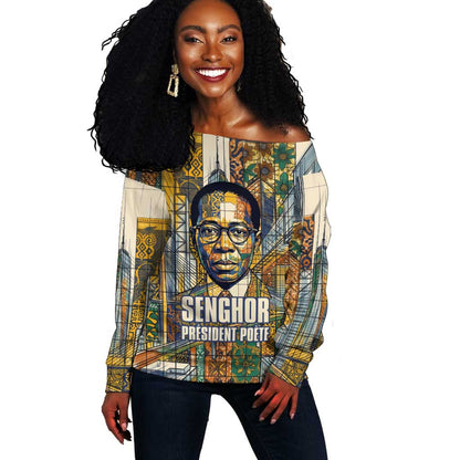 Léopold Sédar Senghor Off Shoulder Sweater President Poete Portrait Futuristic African Robotic Handshake Earth and Flowers Unity - African Pride