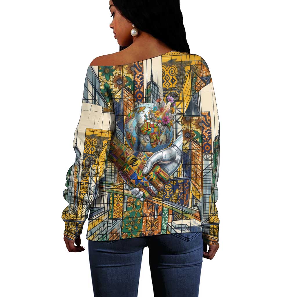 Léopold Sédar Senghor Off Shoulder Sweater President Poete Portrait Futuristic African Robotic Handshake Earth and Flowers Unity - African Pride
