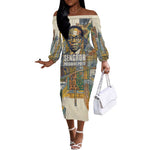 Léopold Sédar Senghor Off The Shoulder Long Sleeve Dress President Poete Portrait Futuristic African Robotic Handshake Earth and Flowers Unity - African Pride