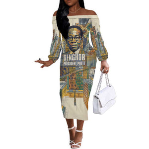 Léopold Sédar Senghor Off The Shoulder Long Sleeve Dress President Poete Portrait Futuristic African Robotic Handshake Earth and Flowers Unity - African Pride