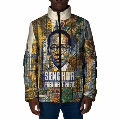 Léopold Sédar Senghor Padded Jacket President Poete Portrait Futuristic African Robotic Handshake Earth and Flowers Unity - African Pride