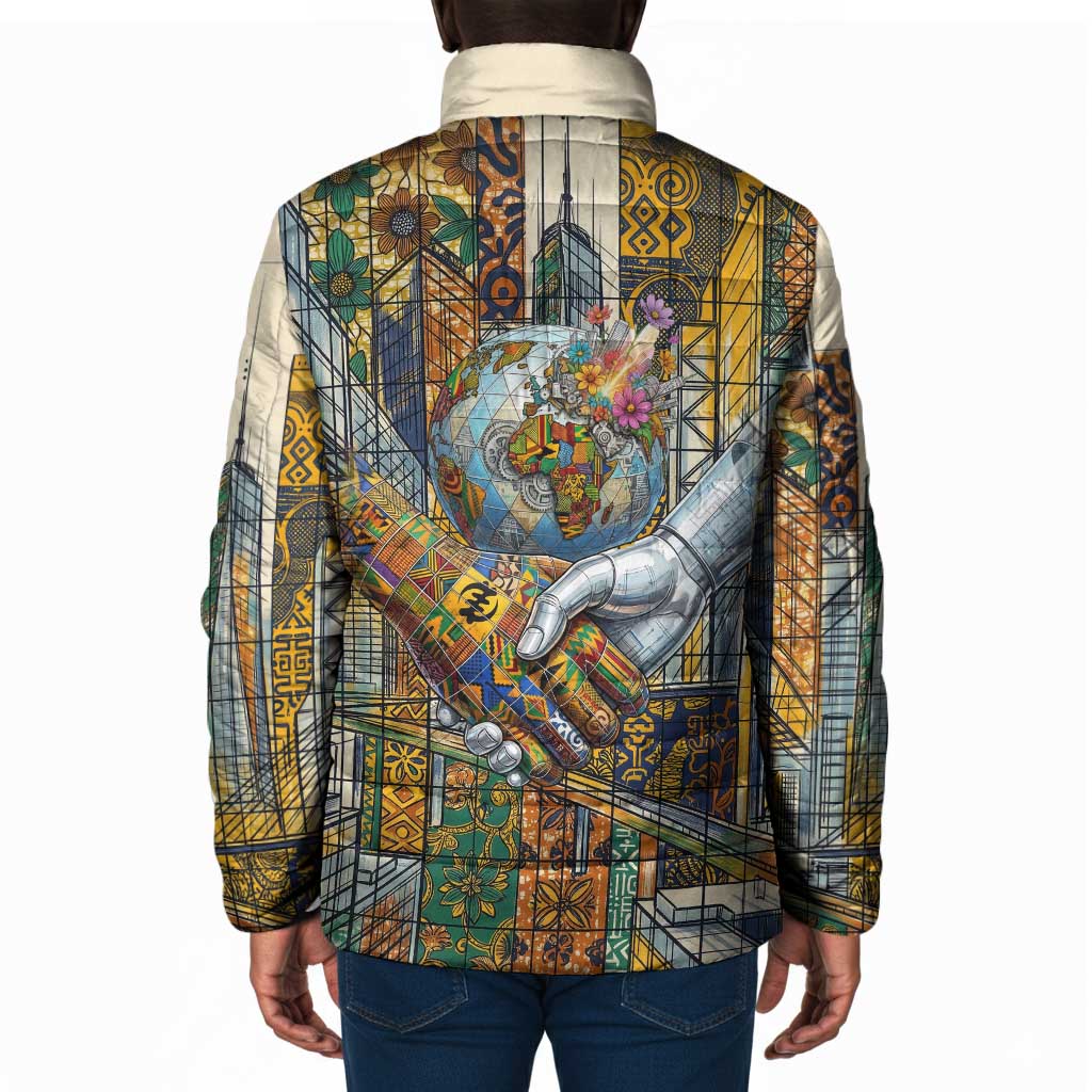 Léopold Sédar Senghor Padded Jacket President Poete Portrait Futuristic African Robotic Handshake Earth and Flowers Unity - African Pride
