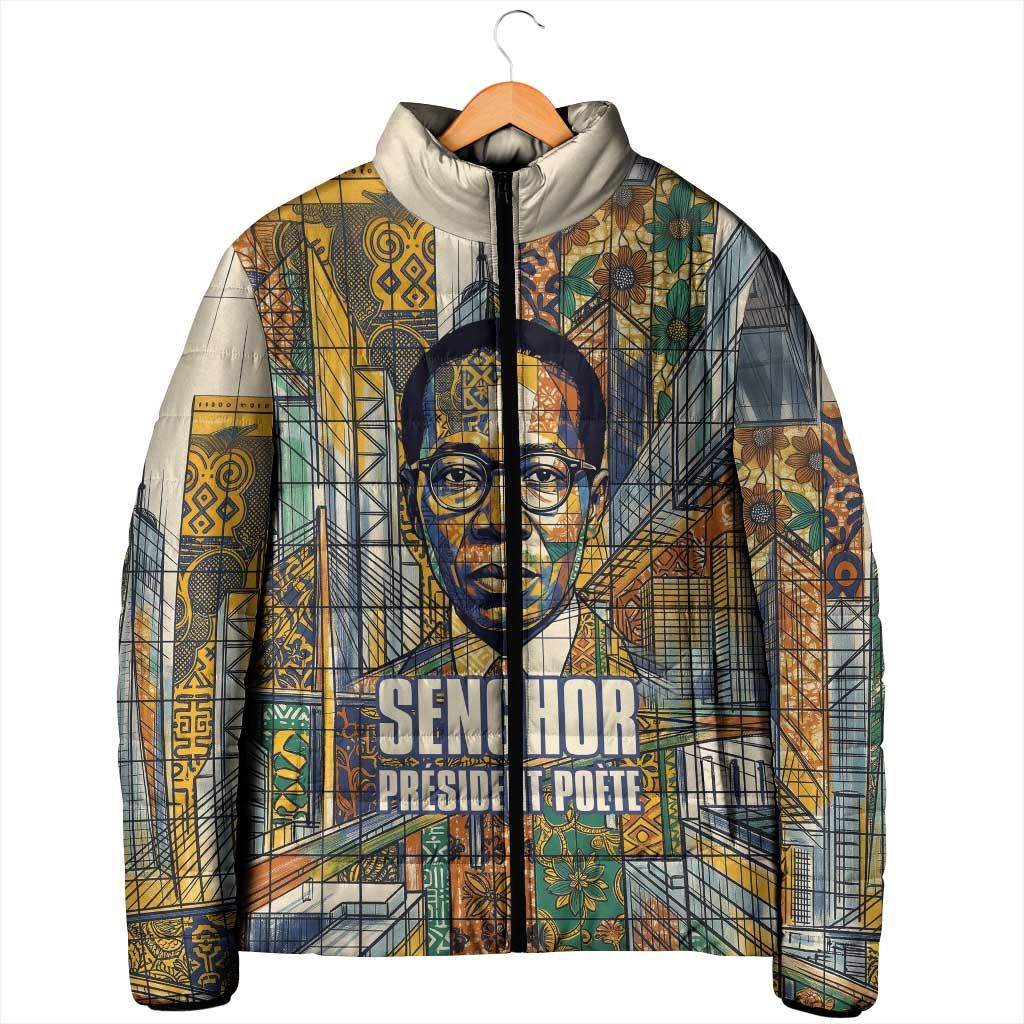 Léopold Sédar Senghor Padded Jacket President Poete Portrait Futuristic African Robotic Handshake Earth and Flowers Unity - African Pride