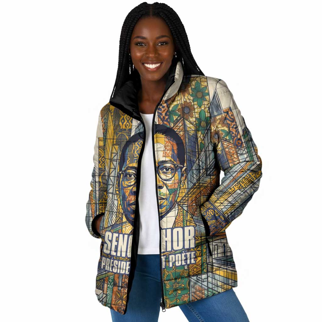 Léopold Sédar Senghor Padded Jacket President Poete Portrait Futuristic African Robotic Handshake Earth and Flowers Unity - African Pride