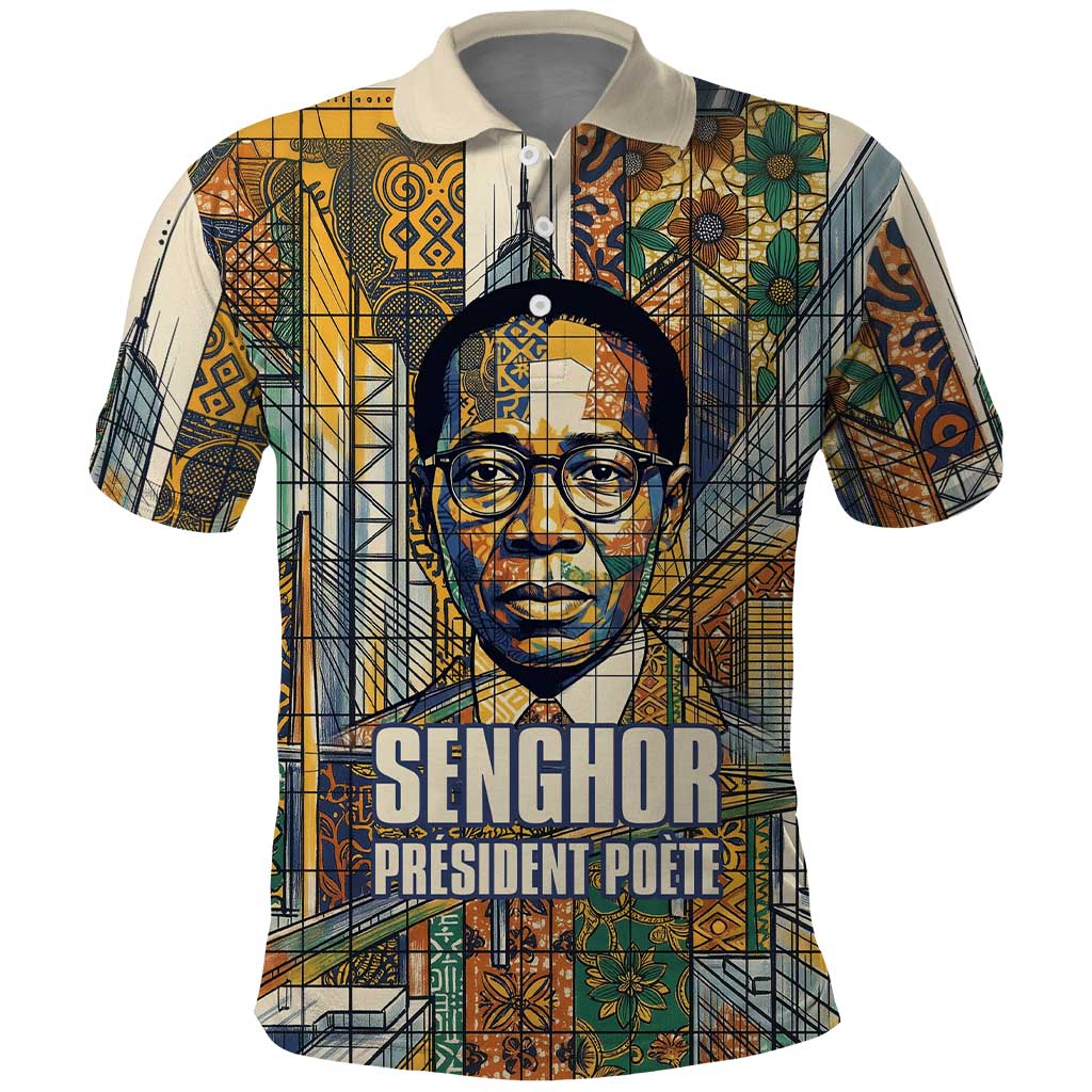 Léopold Sédar Senghor Polo Shirt President Poete Portrait Futuristic African Robotic Handshake Earth and Flowers Unity - African Pride