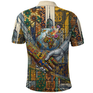 Léopold Sédar Senghor Polo Shirt President Poete Portrait Futuristic African Robotic Handshake Earth and Flowers Unity - African Pride