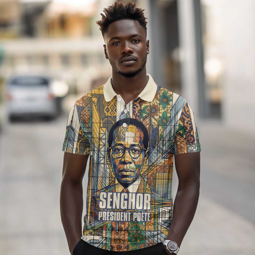 Léopold Sédar Senghor Polo Shirt President Poete Portrait Futuristic African Robotic Handshake Earth and Flowers Unity - African Pride