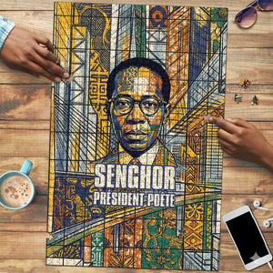 Léopold Sédar Senghor Puzzle President Poete Portrait Futuristic African Robotic Handshake Earth and Flowers Unity - African Pride