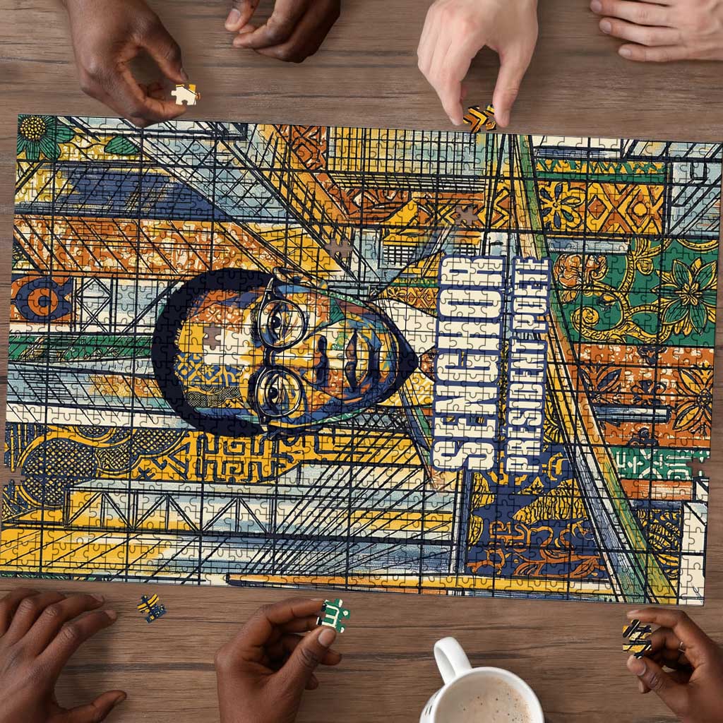 Léopold Sédar Senghor Puzzle President Poete Portrait Futuristic African Robotic Handshake Earth and Flowers Unity - African Pride