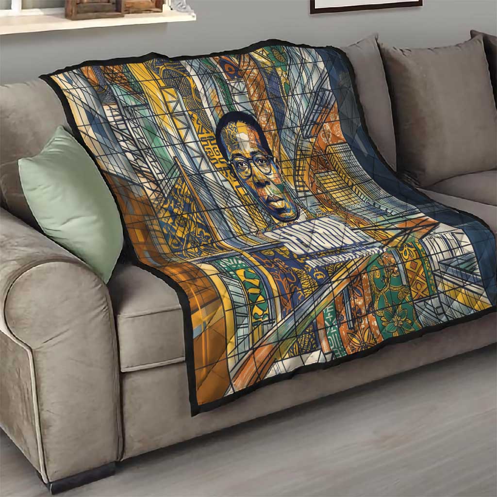 Léopold Sédar Senghor Quilt President Poete Portrait Futuristic African Robotic Handshake Earth and Flowers Unity - African Pride