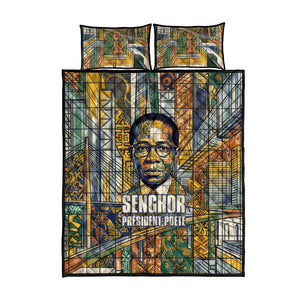 Léopold Sédar Senghor Quilt Bed Set President Poete Portrait Futuristic African Robotic Handshake Earth and Flowers Unity - African Pride