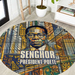 Léopold Sédar Senghor Round Carpet President Poete Portrait Futuristic African Robotic Handshake Earth and Flowers Unity - African Pride