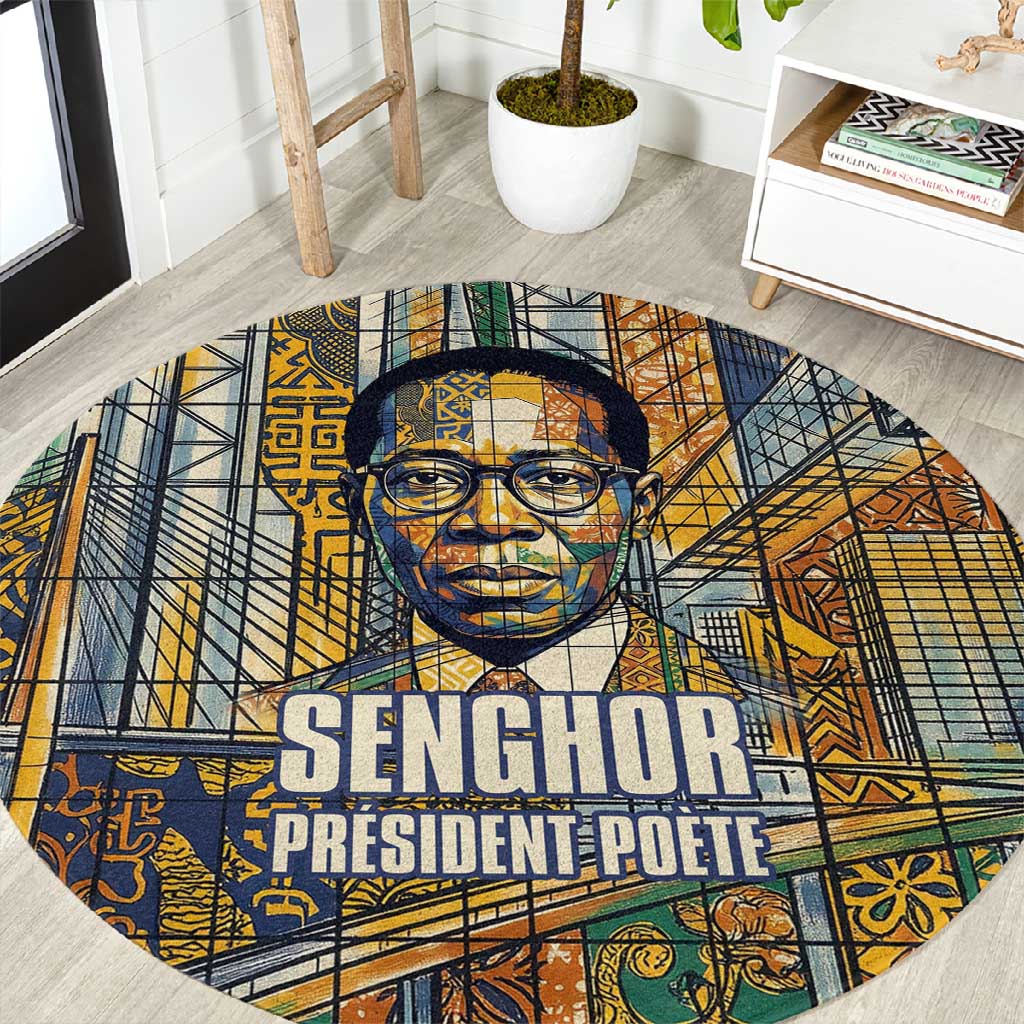 Léopold Sédar Senghor Round Carpet President Poete Portrait Futuristic African Robotic Handshake Earth and Flowers Unity - African Pride