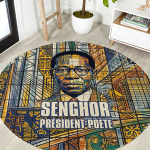 Léopold Sédar Senghor Round Carpet President Poete Portrait Futuristic African Robotic Handshake Earth and Flowers Unity - African Pride