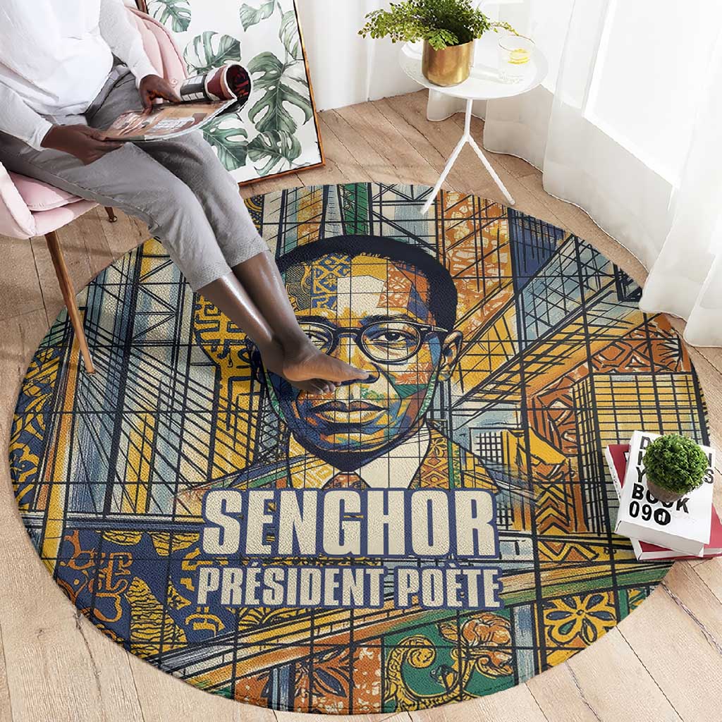 Léopold Sédar Senghor Round Carpet President Poete Portrait Futuristic African Robotic Handshake Earth and Flowers Unity - African Pride