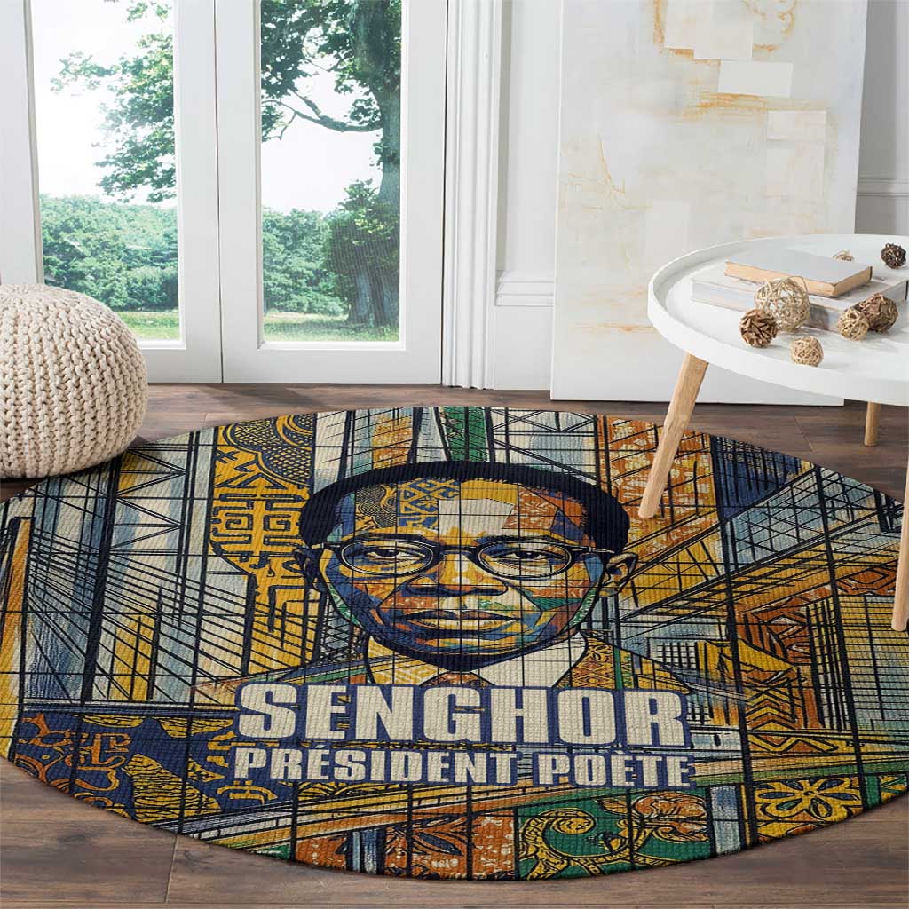 Léopold Sédar Senghor Round Carpet President Poete Portrait Futuristic African Robotic Handshake Earth and Flowers Unity - African Pride