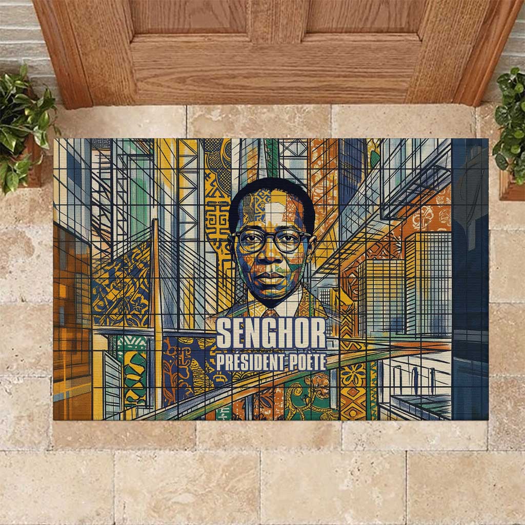 Léopold Sédar Senghor Rubber Doormat President Poete Portrait Futuristic African Robotic Handshake Earth and Flowers Unity - African Pride