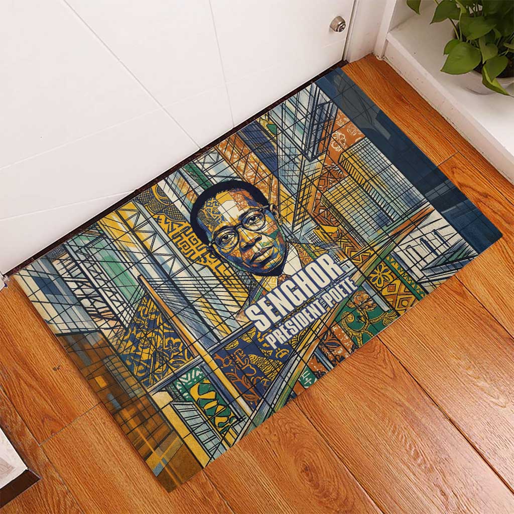 Léopold Sédar Senghor Rubber Doormat President Poete Portrait Futuristic African Robotic Handshake Earth and Flowers Unity - African Pride