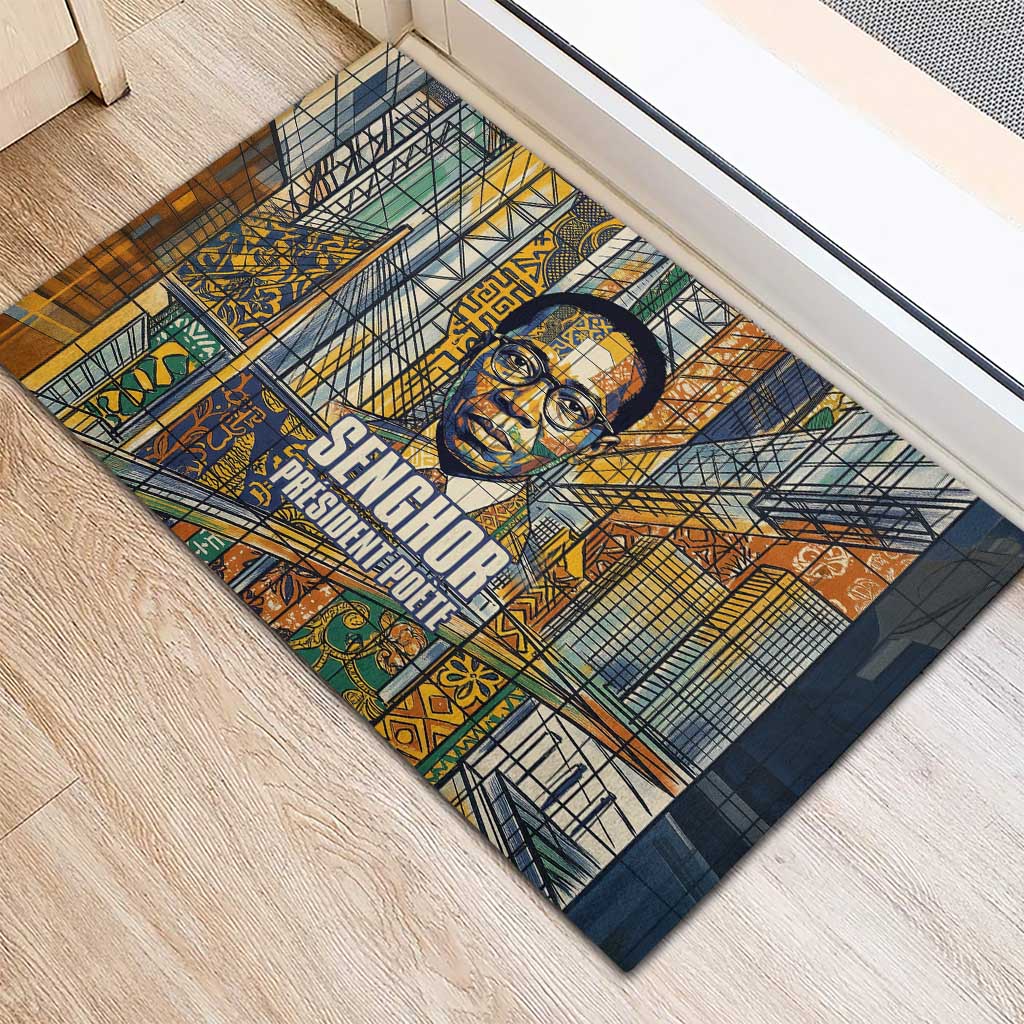 Léopold Sédar Senghor Rubber Doormat President Poete Portrait Futuristic African Robotic Handshake Earth and Flowers Unity - African Pride