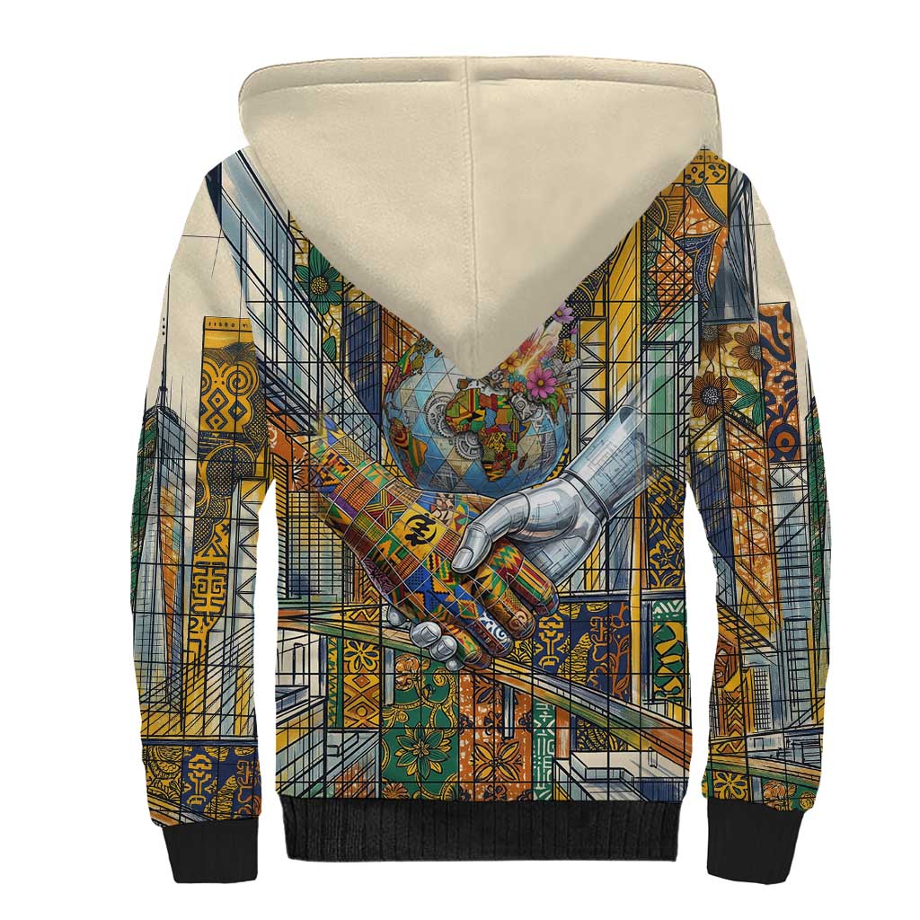 Léopold Sédar Senghor Sherpa Hoodie President Poete Portrait Futuristic African Robotic Handshake Earth and Flowers Unity - African Pride